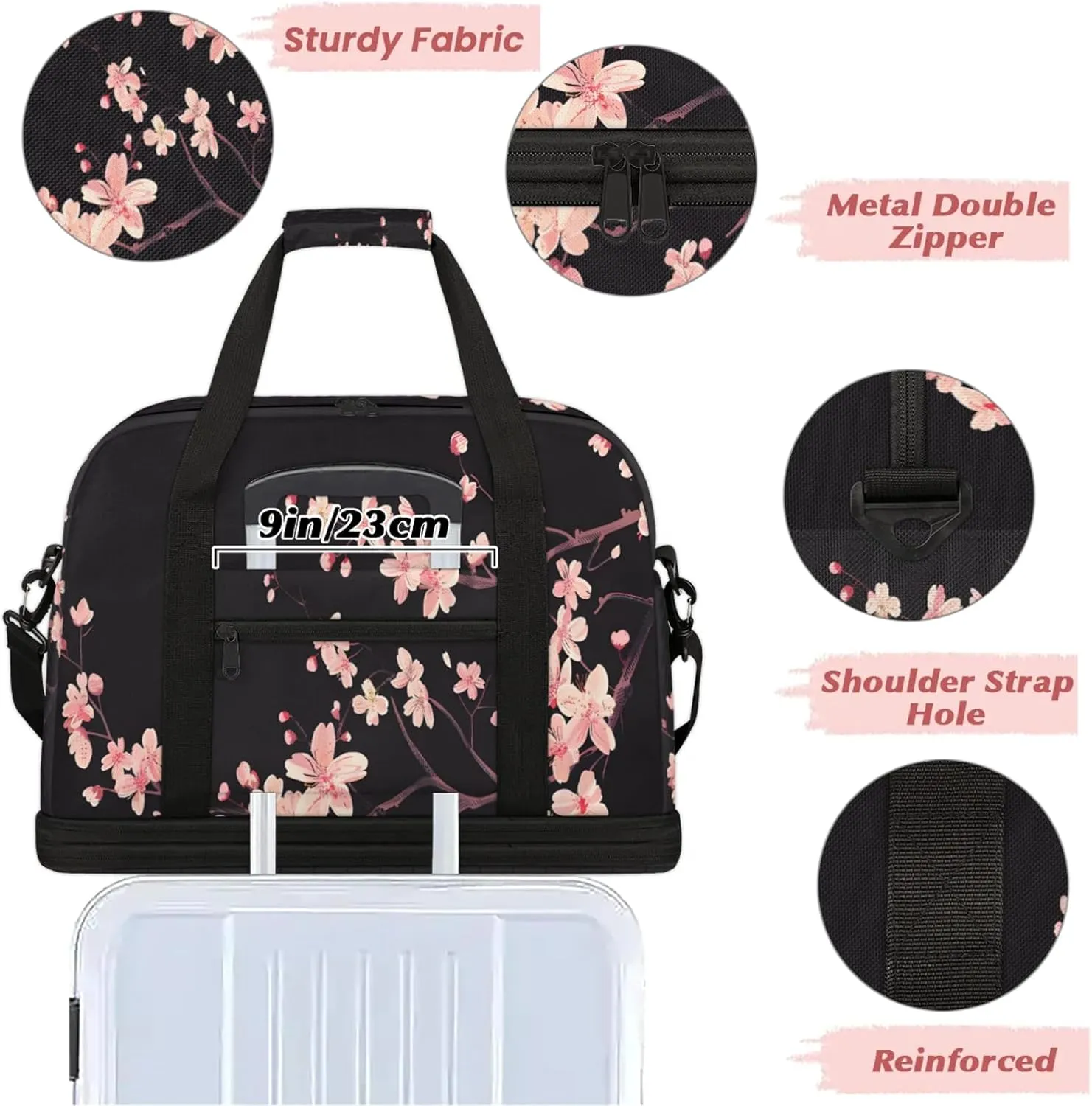 Flower Pink Spring BlackTravel Duffel Bags for Women & Men Large Sports Gym Bags Foldie Weekender Overnight Bag Carry On Tote Bag With Shoe Compartment Personal Item Bag for Travel Sports Gym