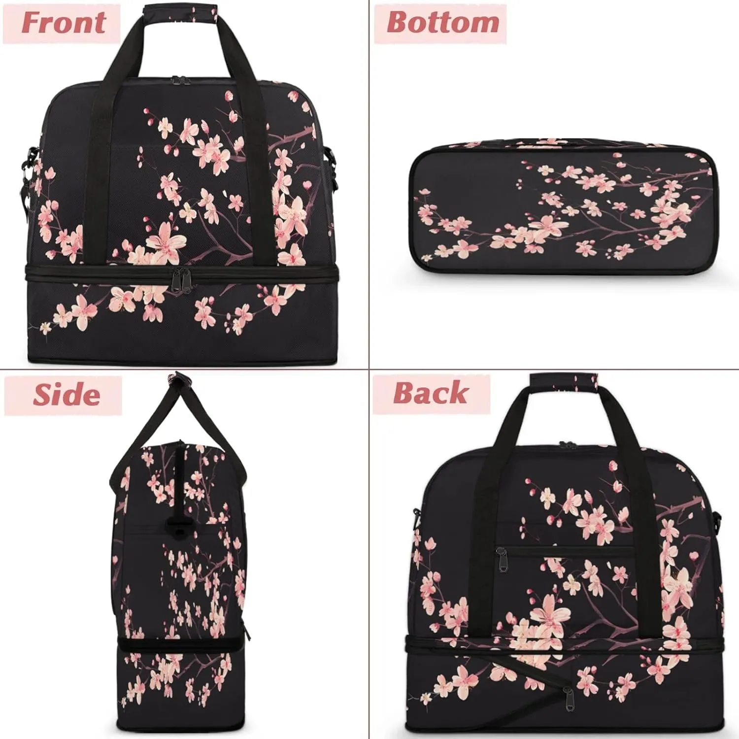 Flower Pink Spring BlackTravel Duffel Bags for Women & Men Large Sports Gym Bags Foldie Weekender Overnight Bag Carry On Tote Bag With Shoe Compartment Personal Item Bag for Travel Sports Gym