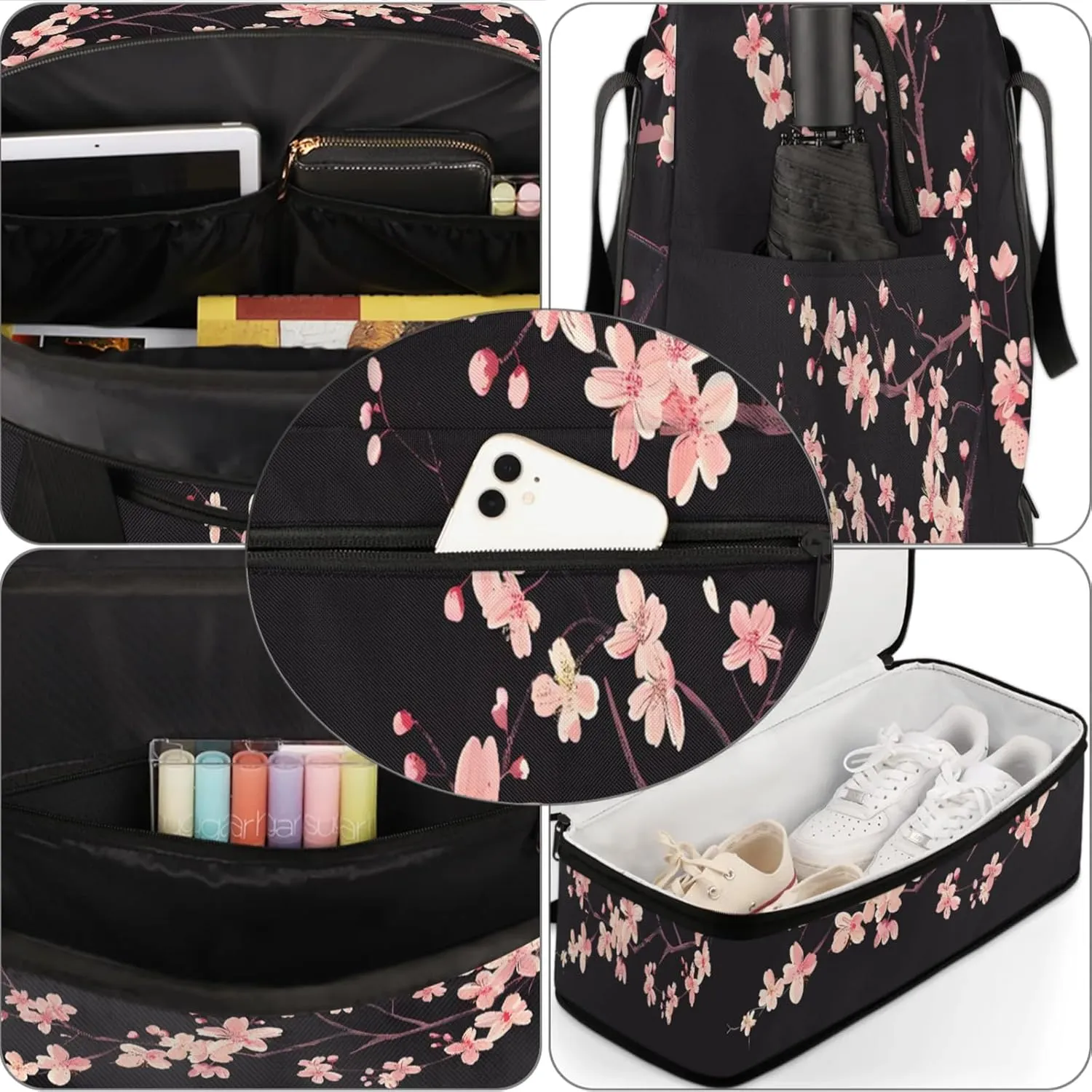 Flower Pink Spring BlackTravel Duffel Bags for Women & Men Large Sports Gym Bags Foldie Weekender Overnight Bag Carry On Tote Bag With Shoe Compartment Personal Item Bag for Travel Sports Gym