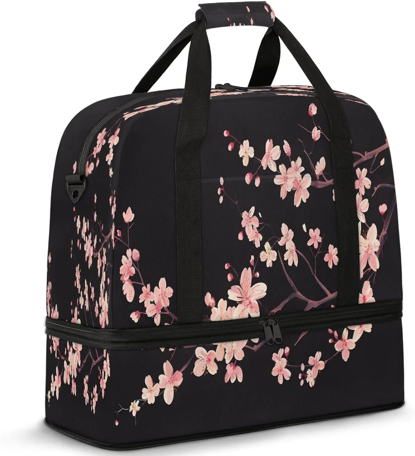 Flower Pink Spring BlackTravel Duffel Bags for Women & Men Large Sports Gym Bags Foldie Weekender Overnight Bag Carry On Tote Bag With Shoe Compartment Personal Item Bag for Travel Sports Gym