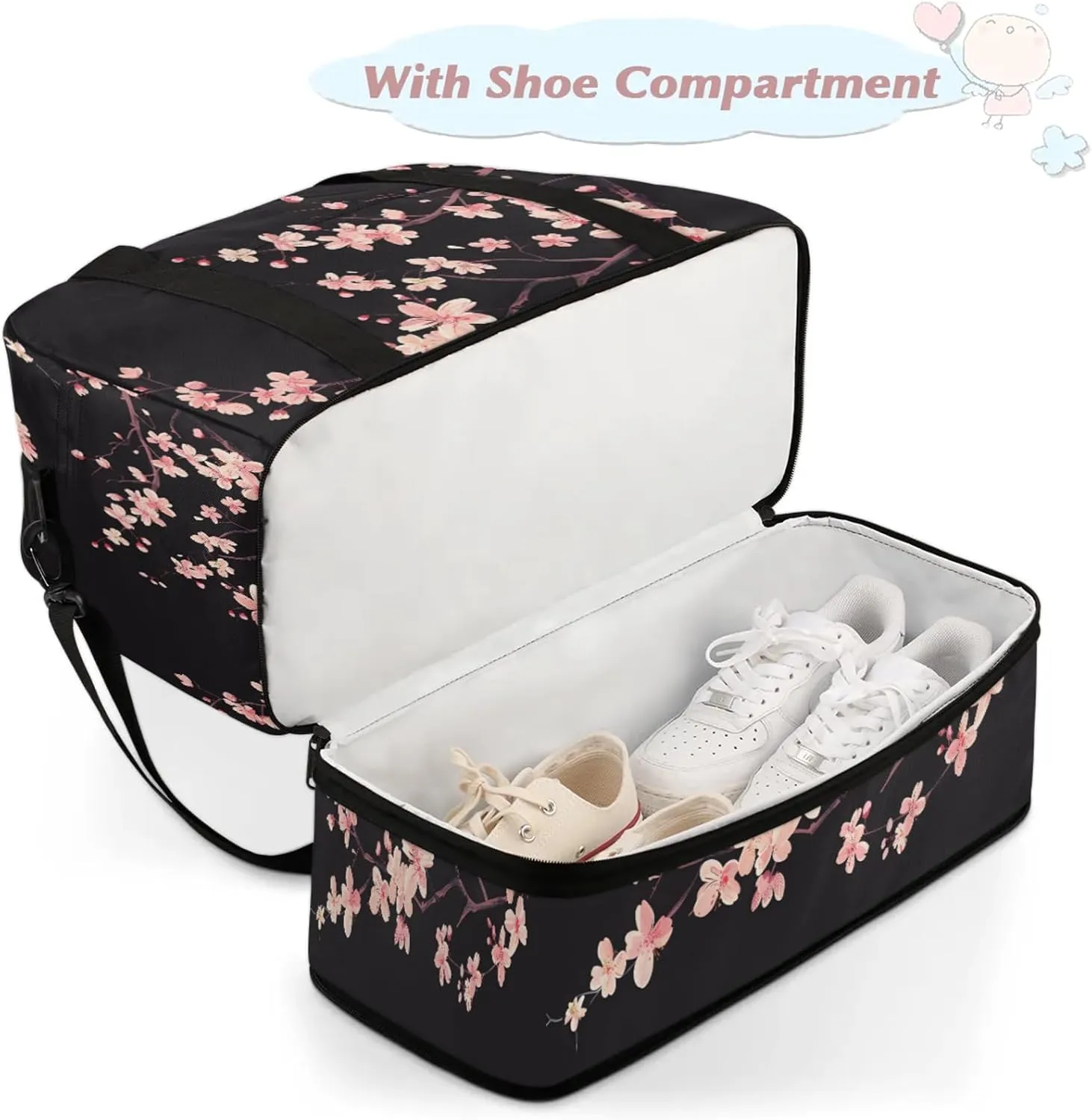 Flower Pink Spring BlackTravel Duffel Bags for Women & Men Large Sports Gym Bags Foldie Weekender Overnight Bag Carry On Tote Bag With Shoe Compartment Personal Item Bag for Travel Sports Gym