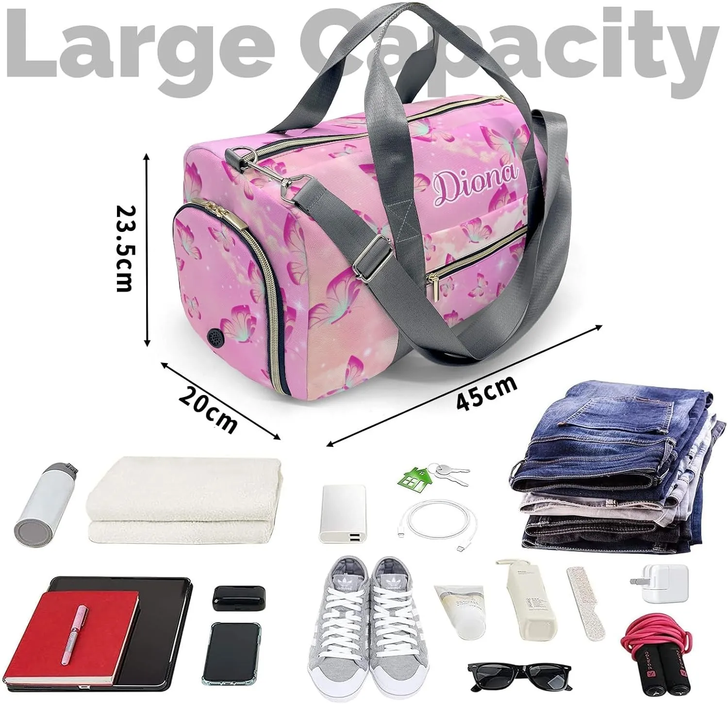 Flying Butterfly Personalized Sport Duffel Bag Custom Name Travel Gymnastics Sports Gym Dance Training Weekend Bag for Women Men