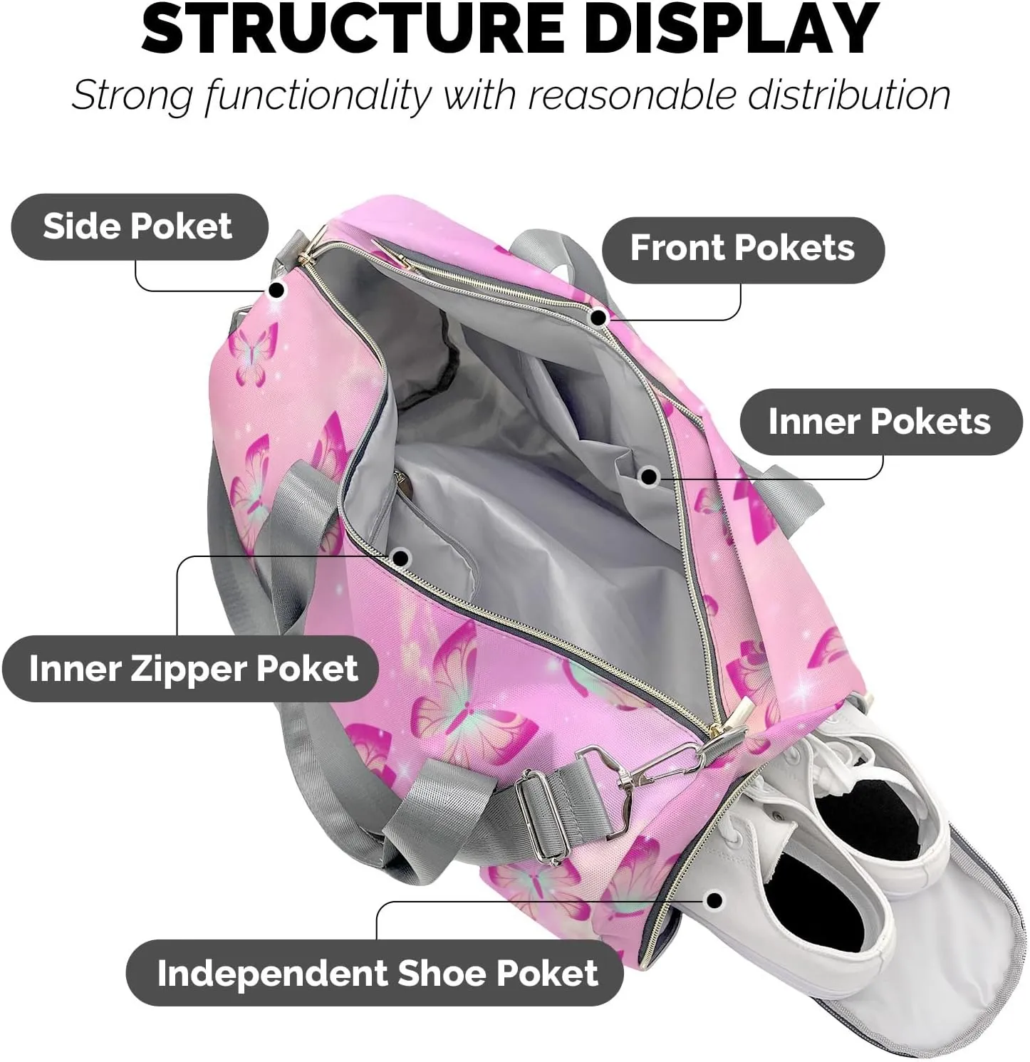 Flying Butterfly Personalized Sport Duffel Bag Custom Name Travel Gymnastics Sports Gym Dance Training Weekend Bag for Women Men