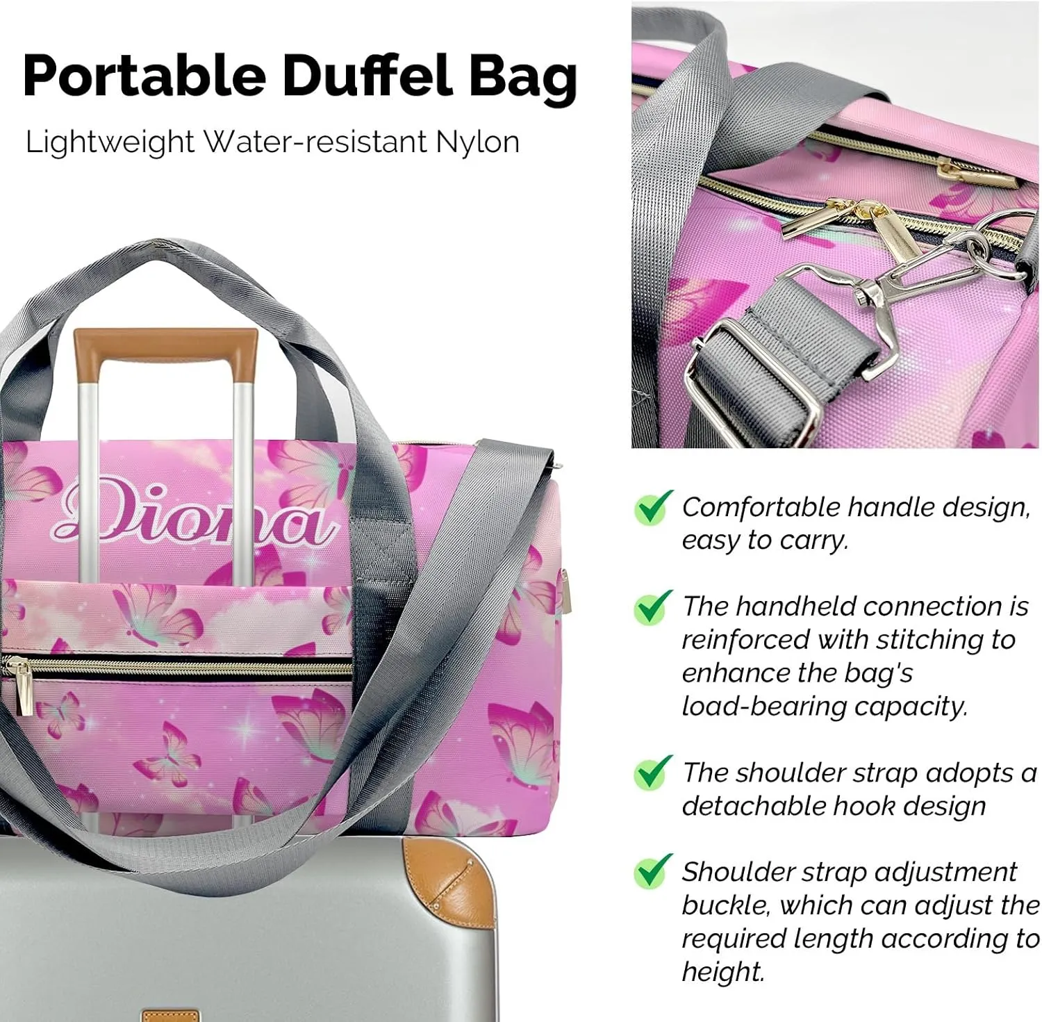 Flying Butterfly Personalized Sport Duffel Bag Custom Name Travel Gymnastics Sports Gym Dance Training Weekend Bag for Women Men