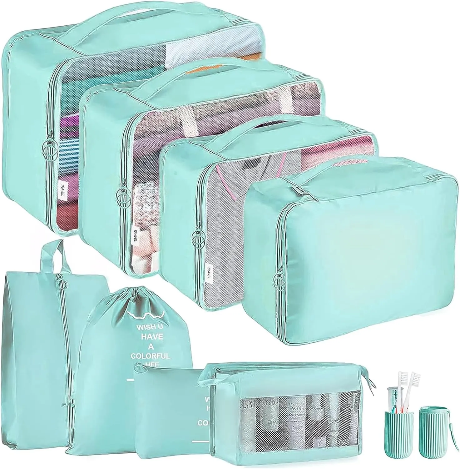 Foldable 9-Piece Waterproof Travel Packing Bags,for Clothes Shoe makeup toiletries Storage