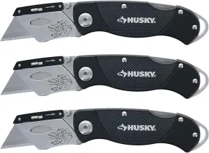 Folding Sure-Grip Lock Back Utility Knives Multi Pack (3 Piece Set: 3 x Husky Knives w/Blades) (Colors Vary) (Multi Pack)