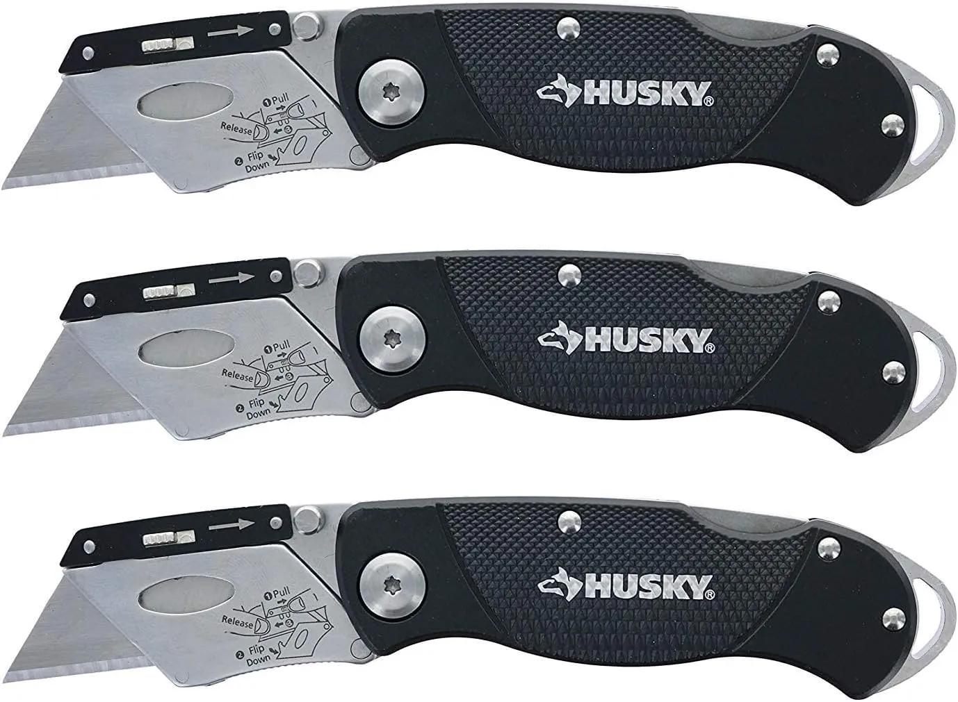 Folding Sure-Grip Lock Back Utility Knives Multi Pack (3 Piece Set: 3 x Husky Knives w/Blades) (Colors Vary) (Multi Pack)
