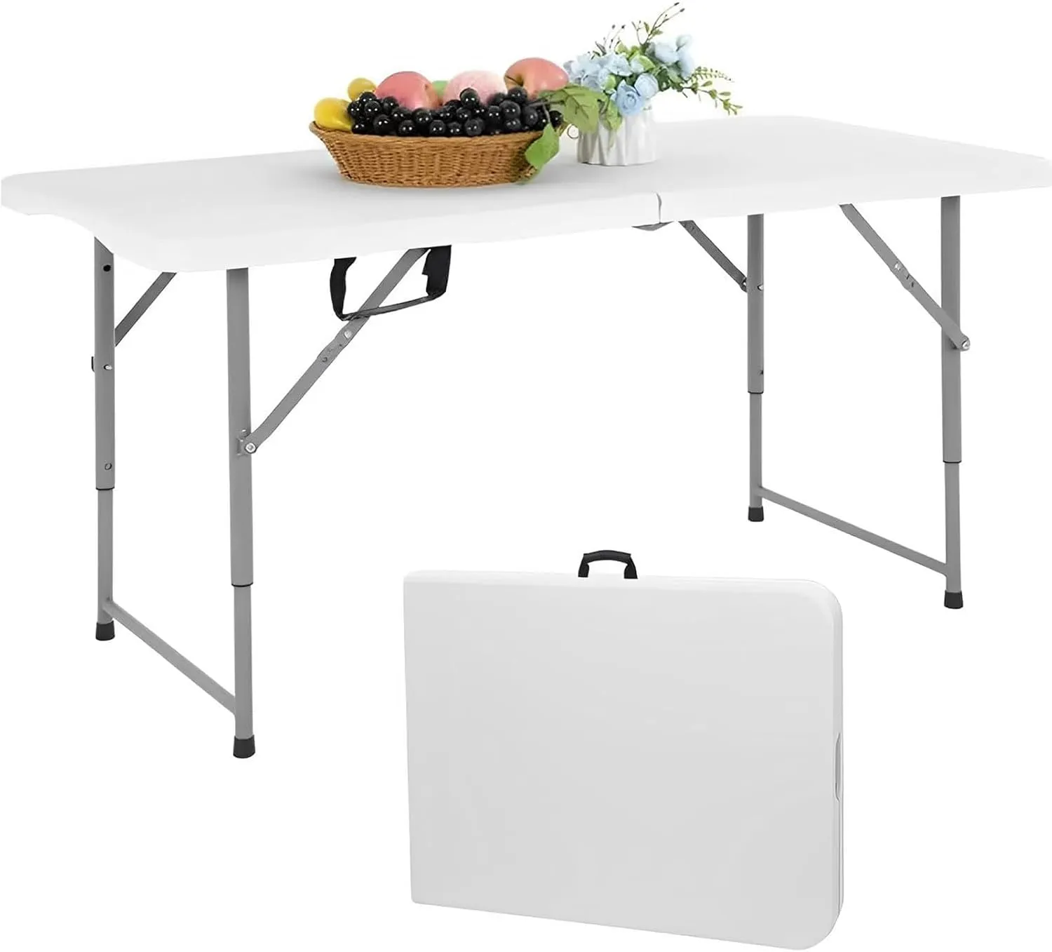 Folding Table 4 Foot - Portable Heavy Duty Plastic Fold-in-Half Utility Table Small Indoor Outdoor Adjustable Height Folding with Carrying Handle, Camping and Party White