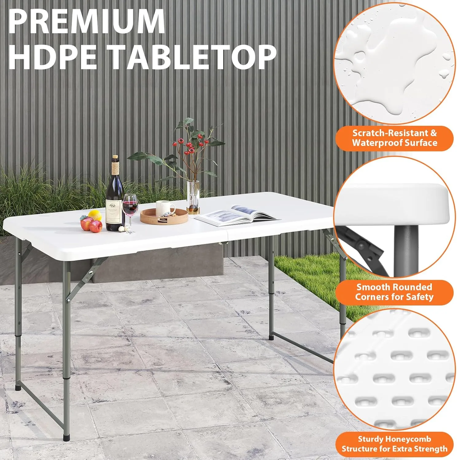 Folding Table 4 Foot - Portable Heavy Duty Plastic Fold-in-Half Utility Table Small Indoor Outdoor Adjustable Height Folding with Carrying Handle, Camping and Party White