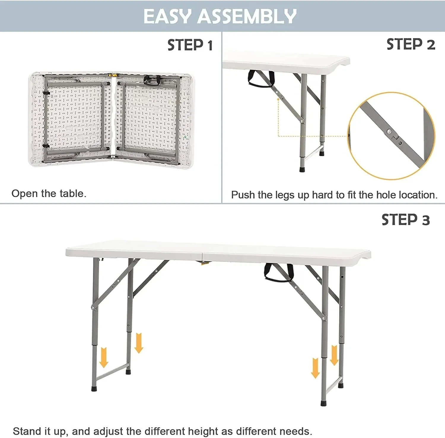 Folding Table 4 Foot - Portable Heavy Duty Plastic Fold-in-Half Utility Table Small Indoor Outdoor Adjustable Height Folding with Carrying Handle, Camping and Party White
