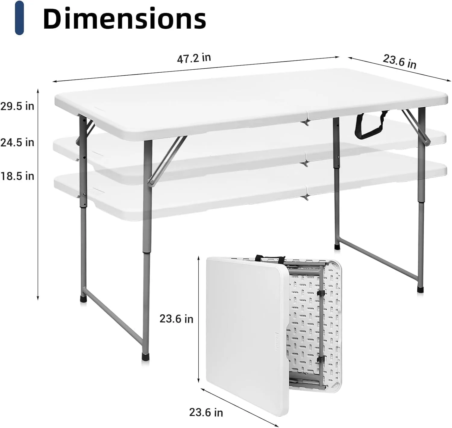 Folding Table 4 Foot - Portable Heavy Duty Plastic Fold-in-Half Utility Table Small Indoor Outdoor Adjustable Height Folding with Carrying Handle, Camping and Party White