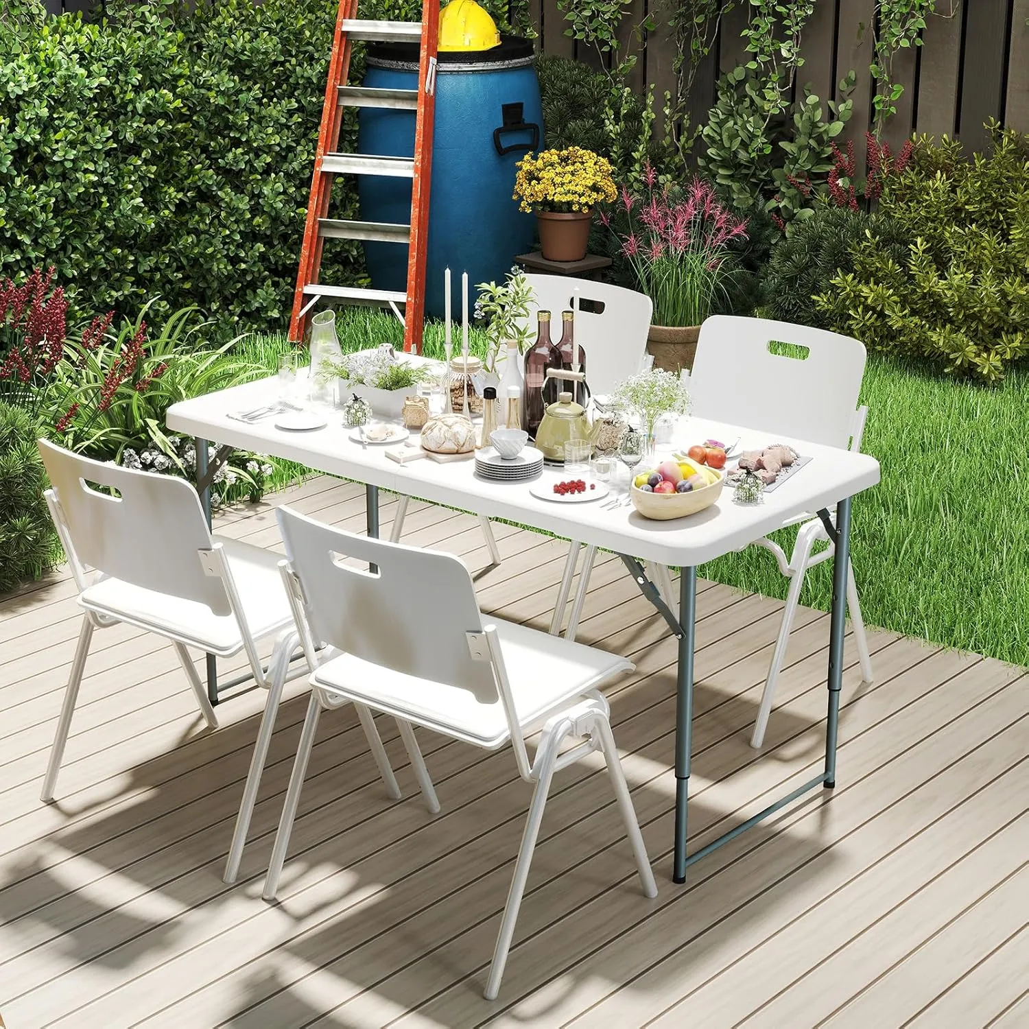Folding Table 4 Foot - Portable Heavy Duty Plastic Fold-in-Half Utility Table Small Indoor Outdoor Adjustable Height Folding with Carrying Handle, Camping and Party White