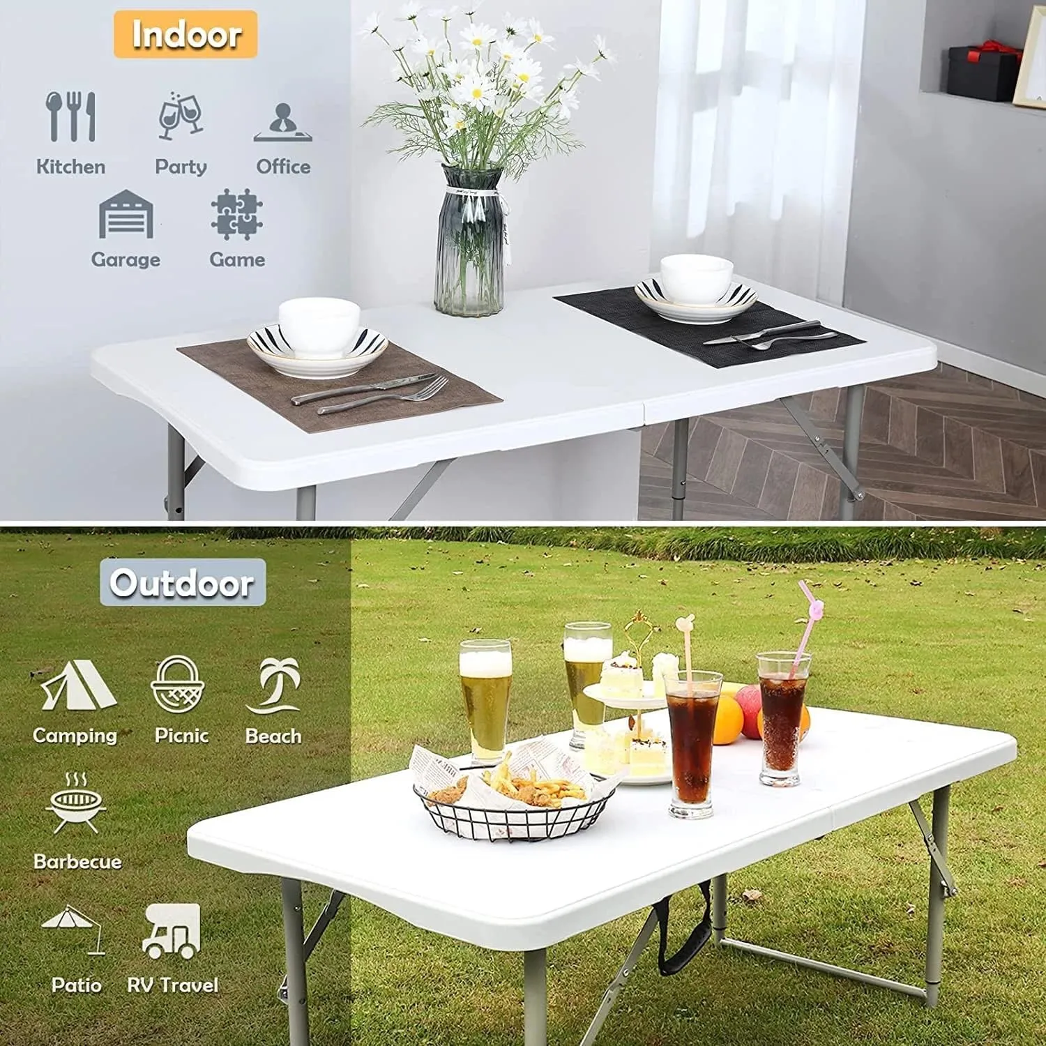 Folding Table 4 Foot - Portable Heavy Duty Plastic Fold-in-Half Utility Table Small Indoor Outdoor Adjustable Height Folding with Carrying Handle, Camping and Party White