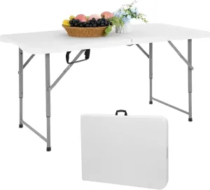 Folding Table 4 Foot - Portable Heavy Duty Plastic Fold-in-Half Utility Table Small Indoor Outdoor Adjustable Height Folding with Carrying Handle, Camping and Party White