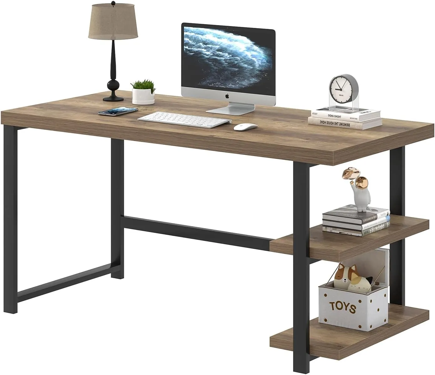 FOLUBAN Computer Desk, Wood and Metal Home Office Desk with Storage Shelves, Small Study Writing Table Workstation for Bedroom Living Room, Rustic Oak, 47 Inch