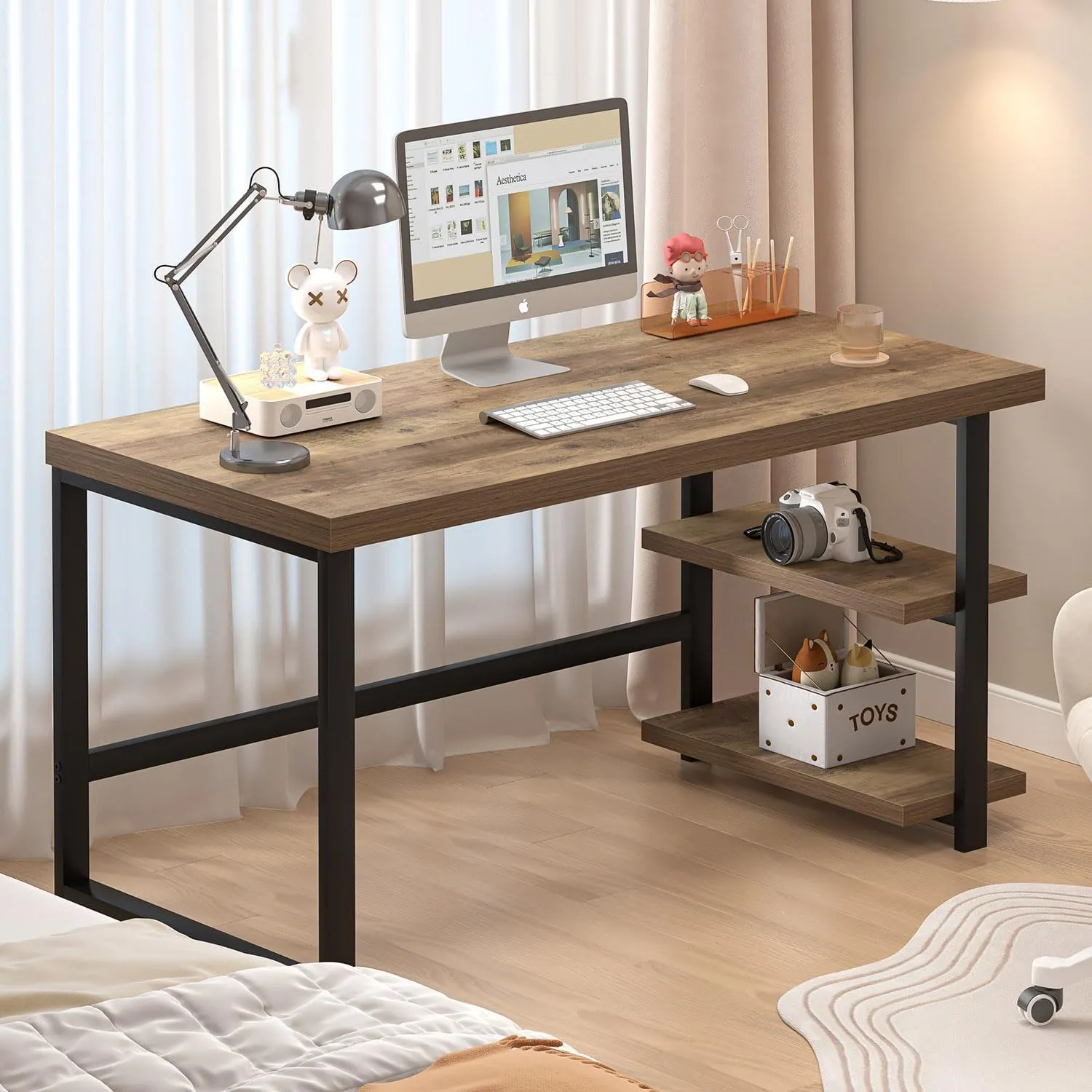 FOLUBAN Computer Desk, Wood and Metal Home Office Desk with Storage Shelves, Small Study Writing Table Workstation for Bedroom Living Room, Rustic Oak, 47 Inch