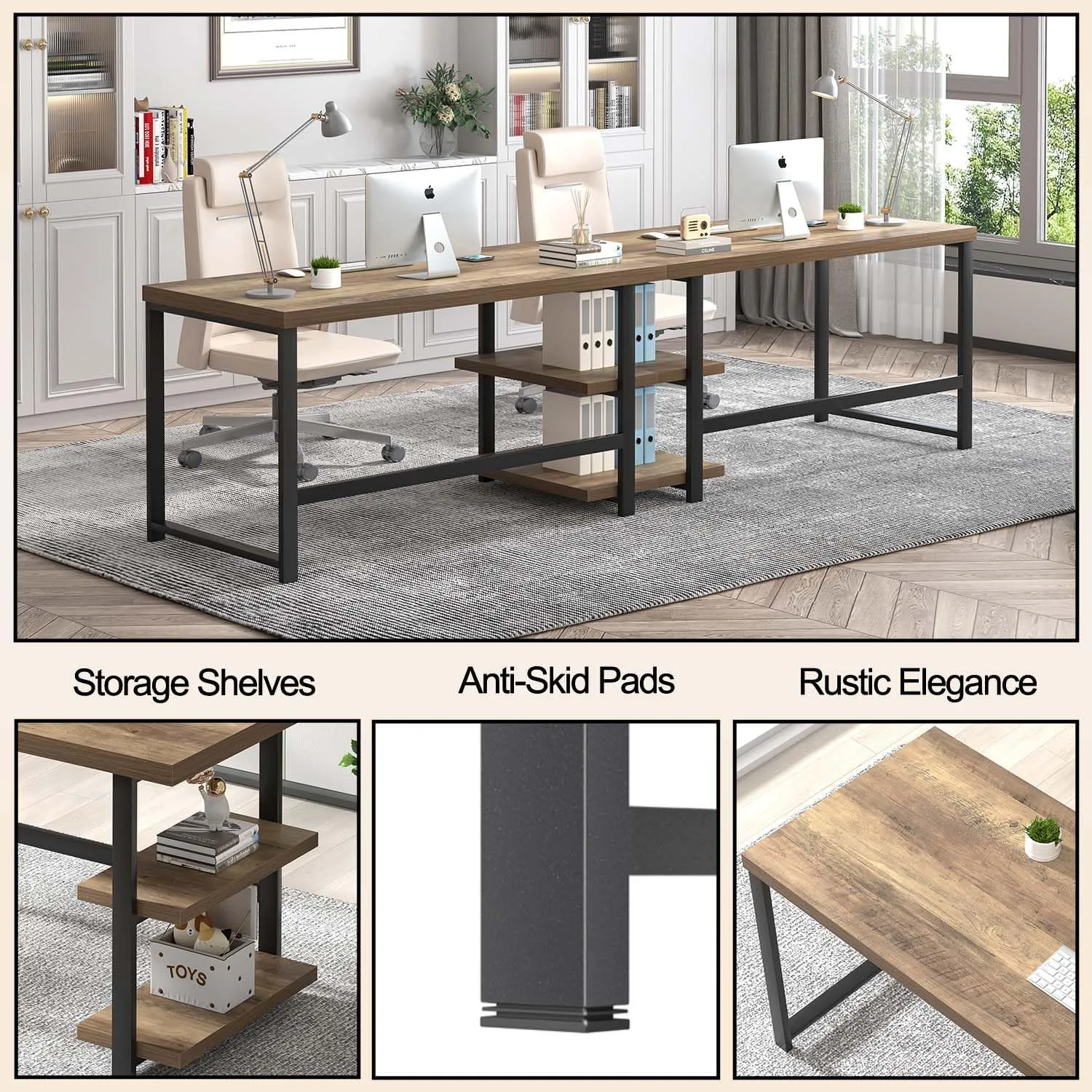 FOLUBAN Computer Desk, Wood and Metal Home Office Desk with Storage Shelves, Small Study Writing Table Workstation for Bedroom Living Room, Rustic Oak, 47 Inch