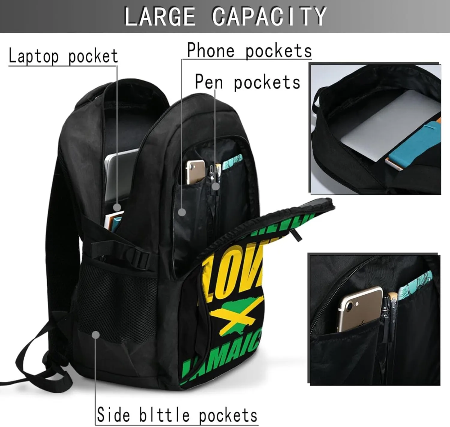 Forever Loving Jamaica Jamaican Flag Casual Travel Backpacks Hiking Camping Backpack Large Outdoor Sport Daypack Laptop Rucksack Climbing Working Bags with USB Port