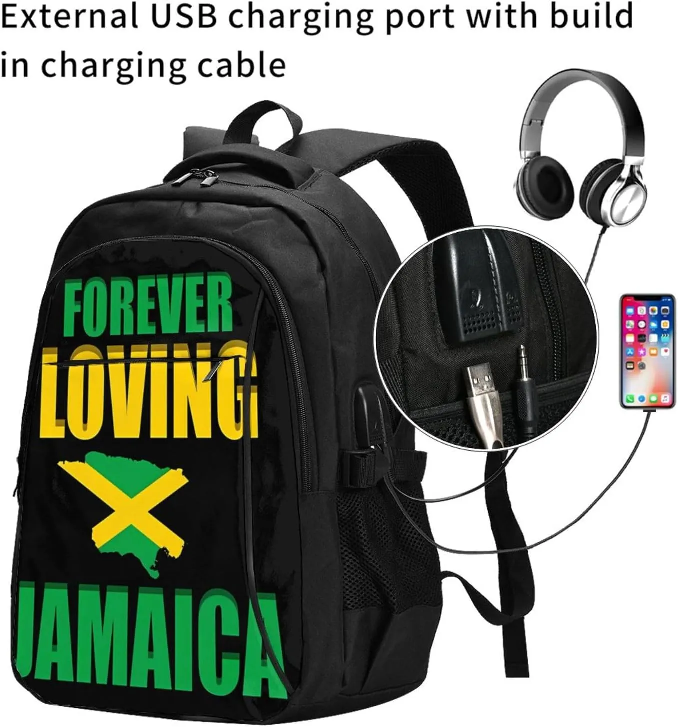 Forever Loving Jamaica Jamaican Flag Casual Travel Backpacks Hiking Camping Backpack Large Outdoor Sport Daypack Laptop Rucksack Climbing Working Bags with USB Port