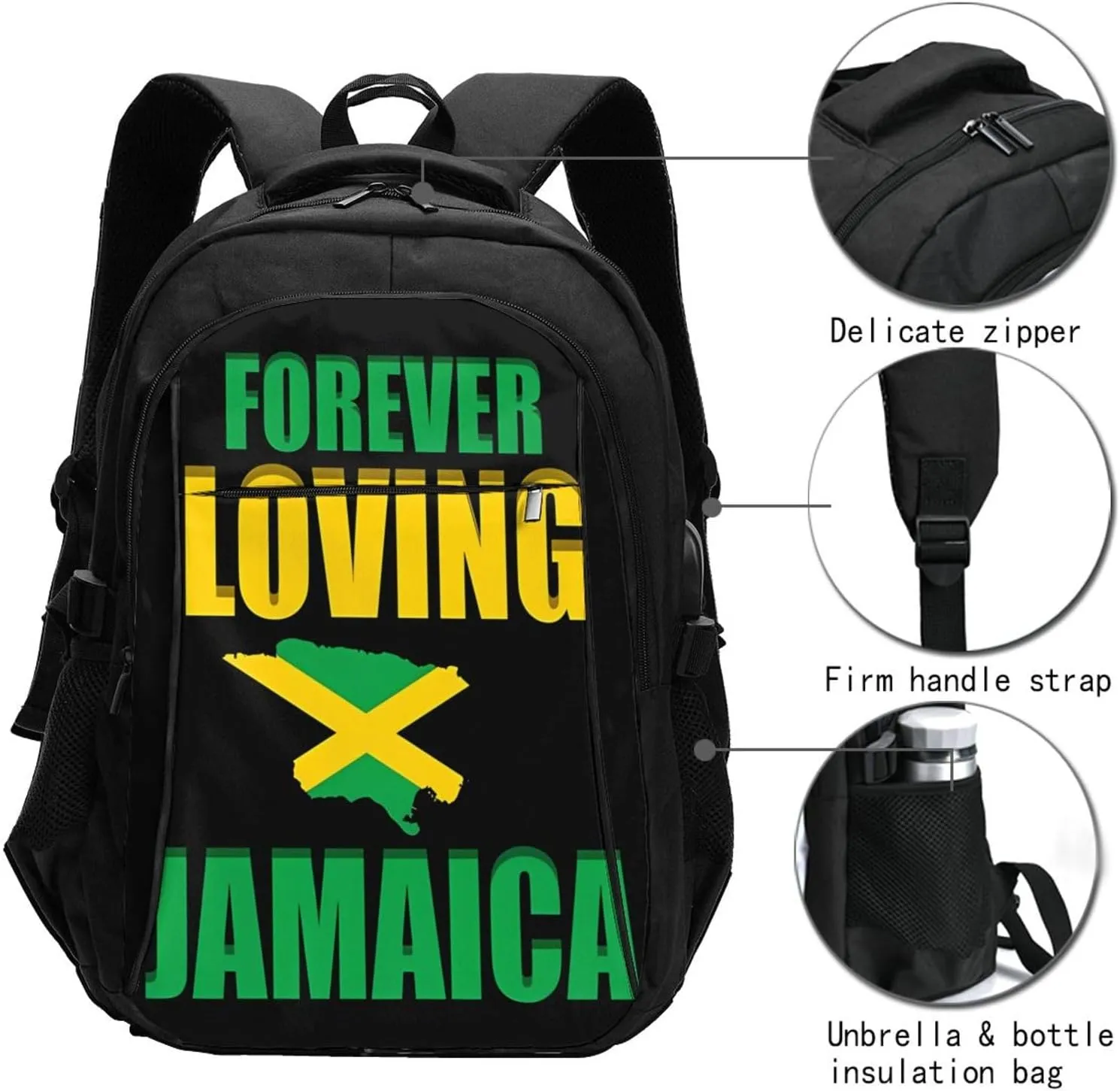 Forever Loving Jamaica Jamaican Flag Casual Travel Backpacks Hiking Camping Backpack Large Outdoor Sport Daypack Laptop Rucksack Climbing Working Bags with USB Port