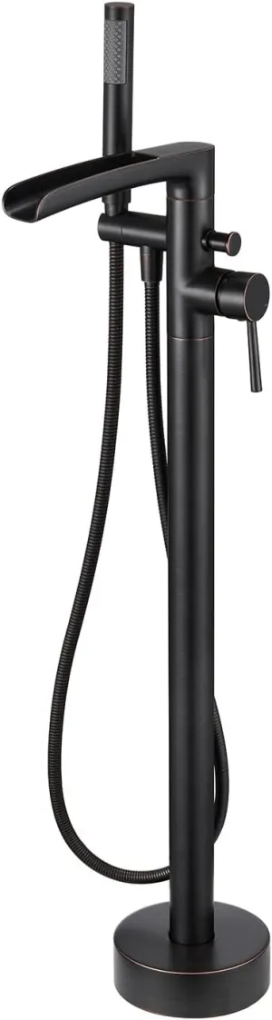 Free Standing Tub Faucet Brass Oil Rubbed Bronze Waterfall Freestanding Bathtub Faucet Floor Mount Tub Filler with Handheld Sprayer