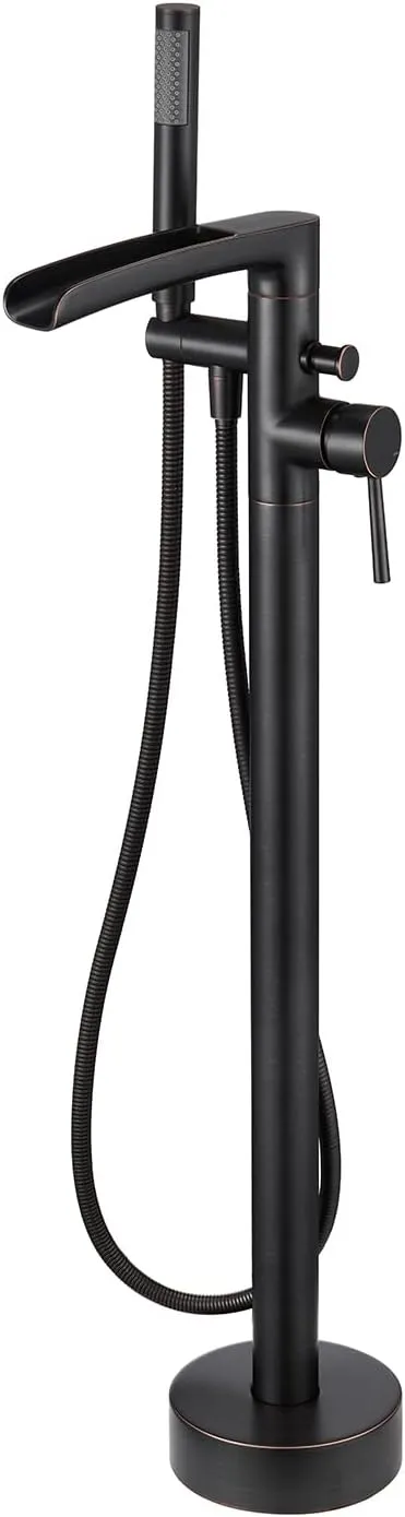Free Standing Tub Faucet Brass Oil Rubbed Bronze Waterfall Freestanding Bathtub Faucet Floor Mount Tub Filler with Handheld Sprayer