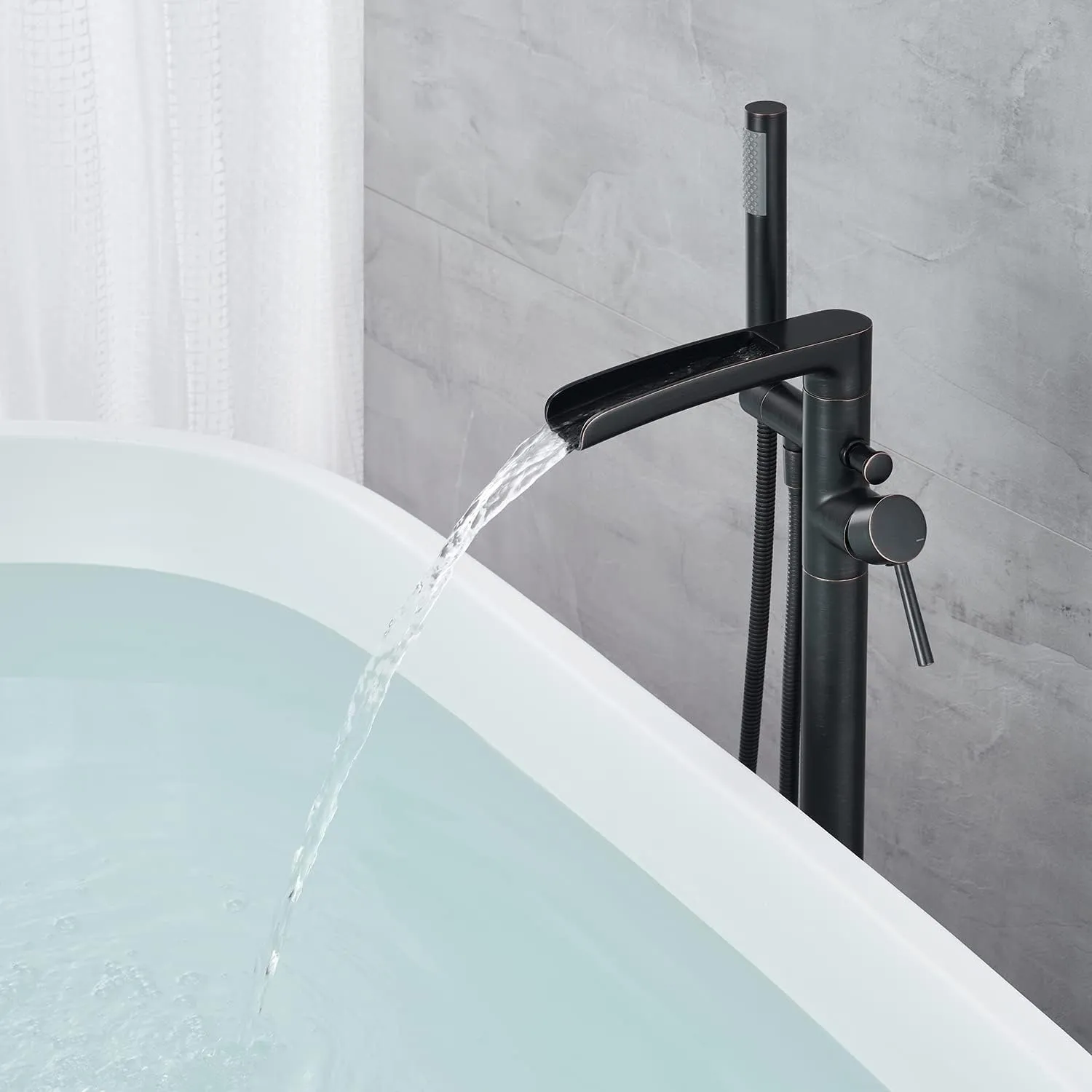 Free Standing Tub Faucet Brass Oil Rubbed Bronze Waterfall Freestanding Bathtub Faucet Floor Mount Tub Filler with Handheld Sprayer