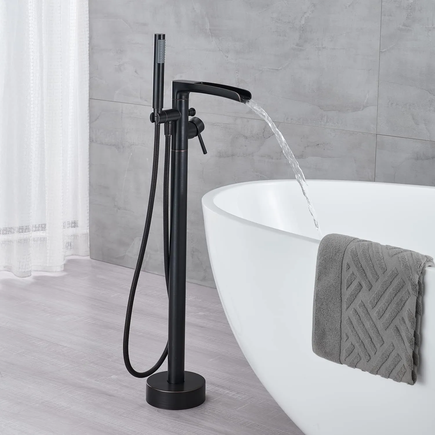 Free Standing Tub Faucet Brass Oil Rubbed Bronze Waterfall Freestanding Bathtub Faucet Floor Mount Tub Filler with Handheld Sprayer