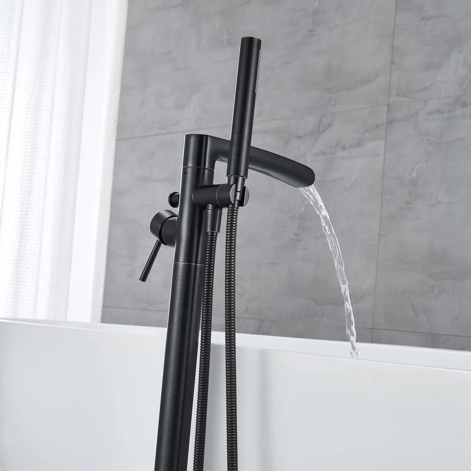 Free Standing Tub Faucet Brass Oil Rubbed Bronze Waterfall Freestanding Bathtub Faucet Floor Mount Tub Filler with Handheld Sprayer