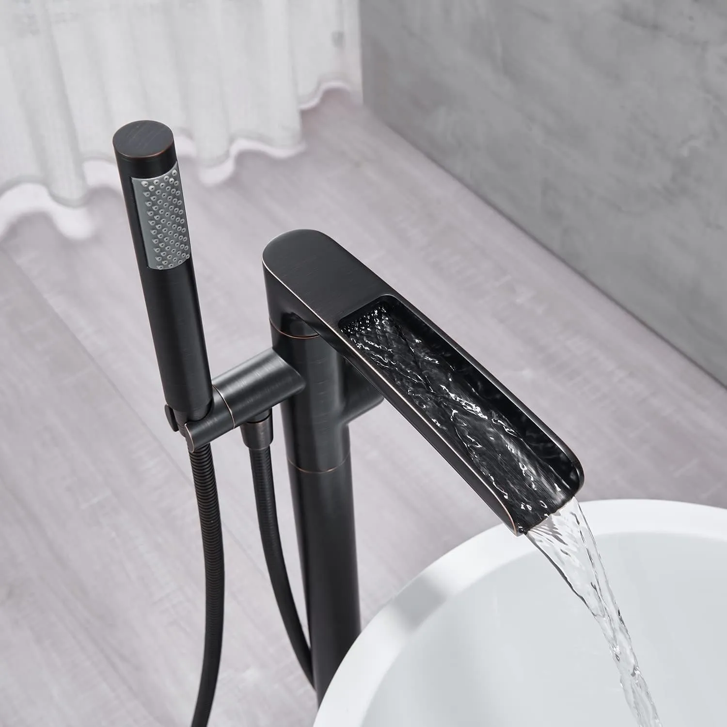 Free Standing Tub Faucet Brass Oil Rubbed Bronze Waterfall Freestanding Bathtub Faucet Floor Mount Tub Filler with Handheld Sprayer