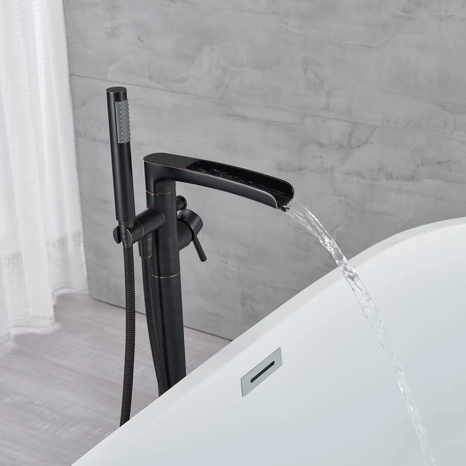 Free Standing Tub Faucet Brass Oil Rubbed Bronze Waterfall Freestanding Bathtub Faucet Floor Mount Tub Filler with Handheld Sprayer