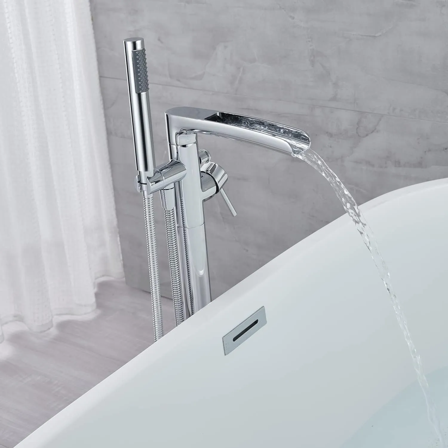 Free Standing Tub Faucet Brass Polished Chrome Waterfall Freestanding Bathtub Faucet Floor Mount Tub Filler with Handheld Sprayer