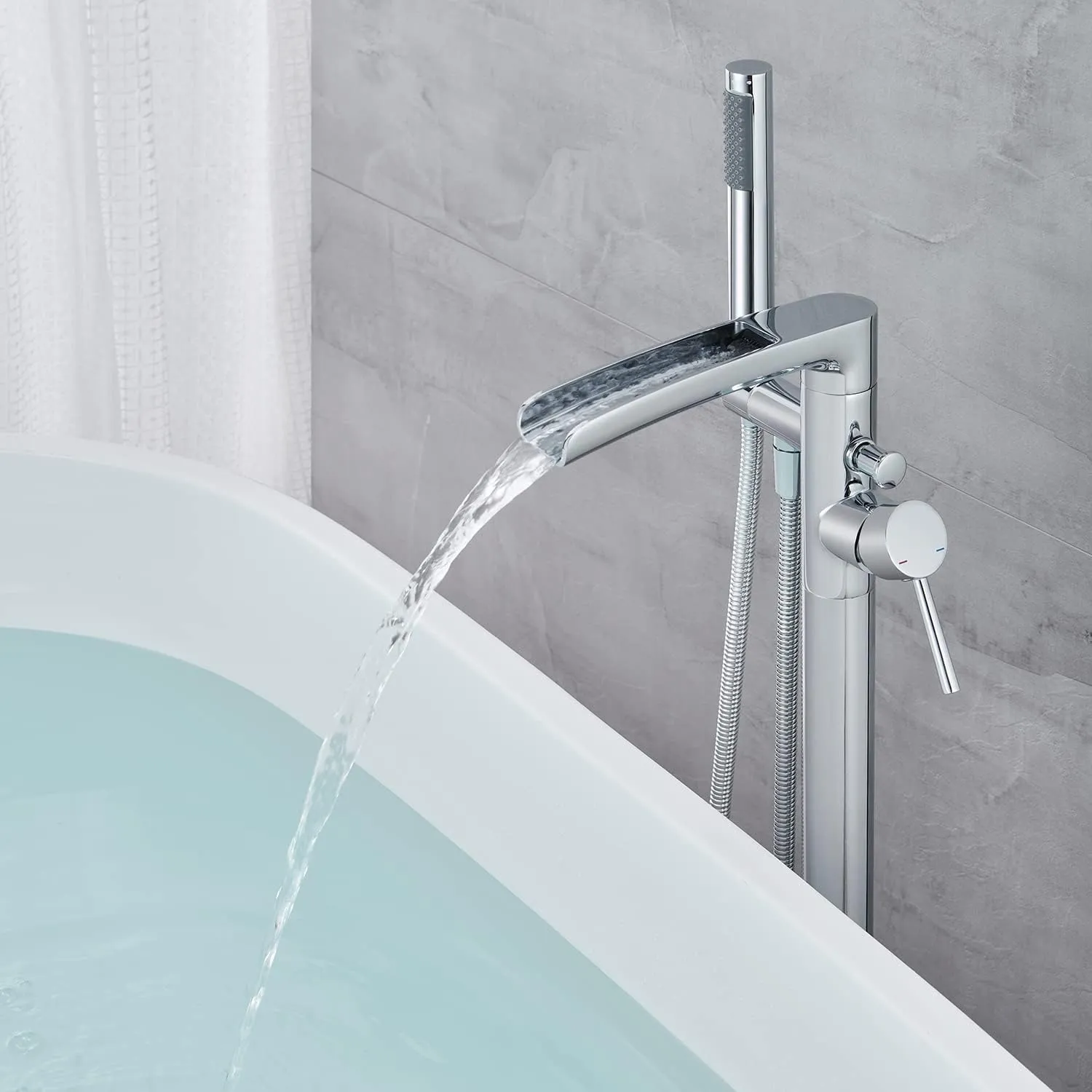 Free Standing Tub Faucet Brass Polished Chrome Waterfall Freestanding Bathtub Faucet Floor Mount Tub Filler with Handheld Sprayer