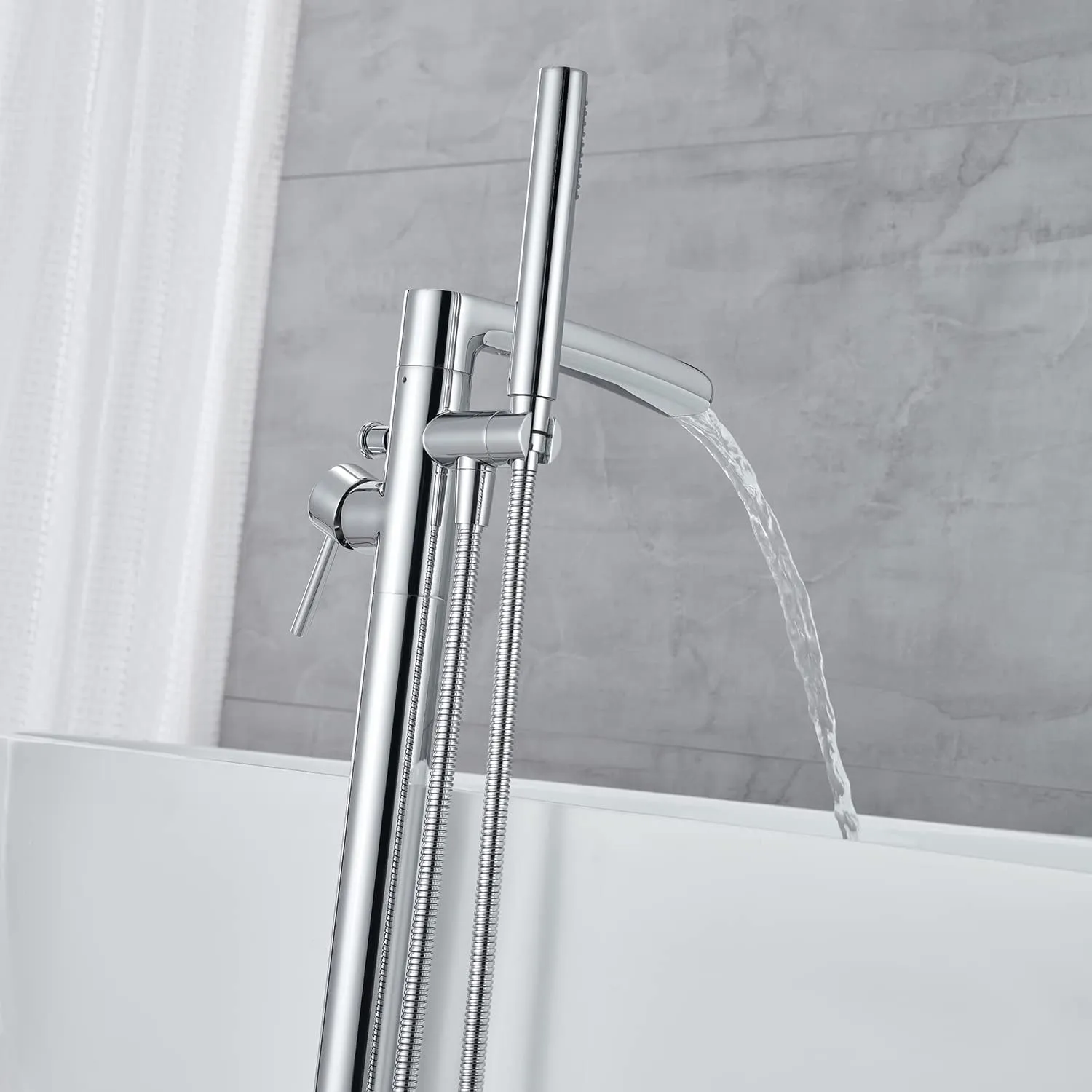 Free Standing Tub Faucet Brass Polished Chrome Waterfall Freestanding Bathtub Faucet Floor Mount Tub Filler with Handheld Sprayer