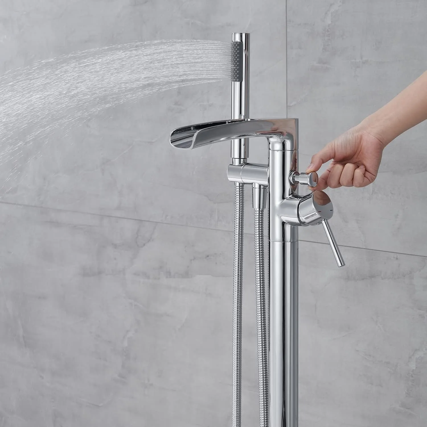 Free Standing Tub Faucet Brass Polished Chrome Waterfall Freestanding Bathtub Faucet Floor Mount Tub Filler with Handheld Sprayer