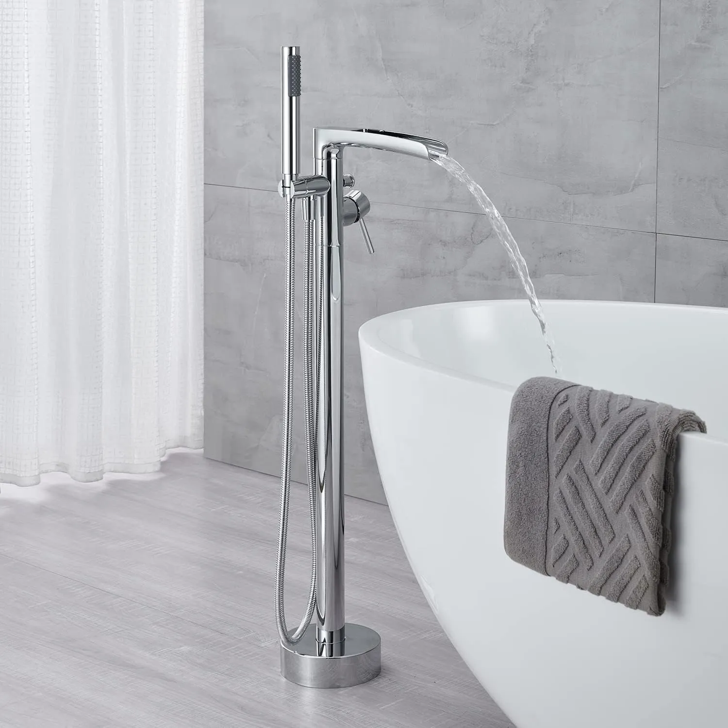 Free Standing Tub Faucet Brass Polished Chrome Waterfall Freestanding Bathtub Faucet Floor Mount Tub Filler with Handheld Sprayer