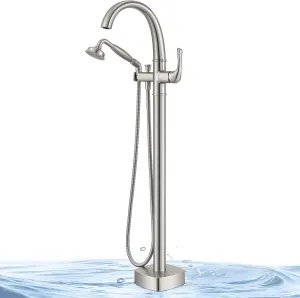 Free Standing Tub Faucet, Jabbol Premium Brass Luxury Freestanding Bathtub Faucet, Bathroom Floor Mount Tub Filler with Handheld Sprayer, Classic Roman Tub Faucets Brushed Nickel (JB-8811BN)
