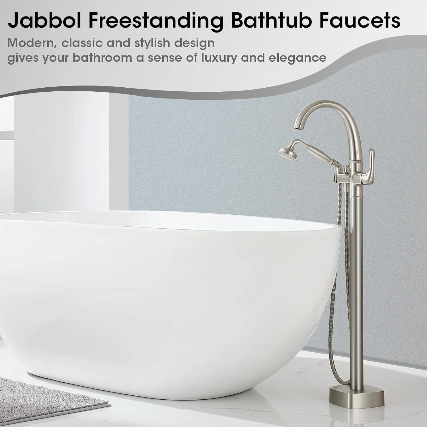 Free Standing Tub Faucet, Jabbol Premium Brass Luxury Freestanding Bathtub Faucet, Bathroom Floor Mount Tub Filler with Handheld Sprayer, Classic Roman Tub Faucets Brushed Nickel (JB-8811BN)