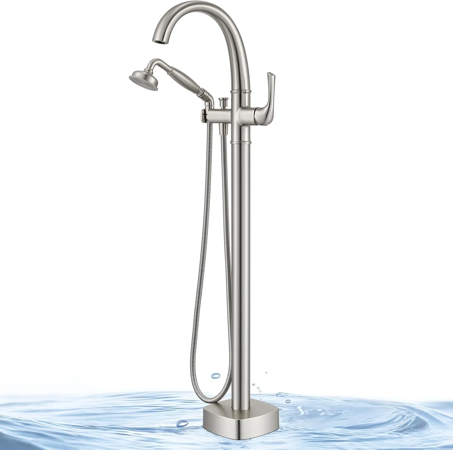 Free Standing Tub Faucet, Jabbol Premium Brass Luxury Freestanding Bathtub Faucet, Bathroom Floor Mount Tub Filler with Handheld Sprayer, Classic Roman Tub Faucets Brushed Nickel (JB-8811BN)