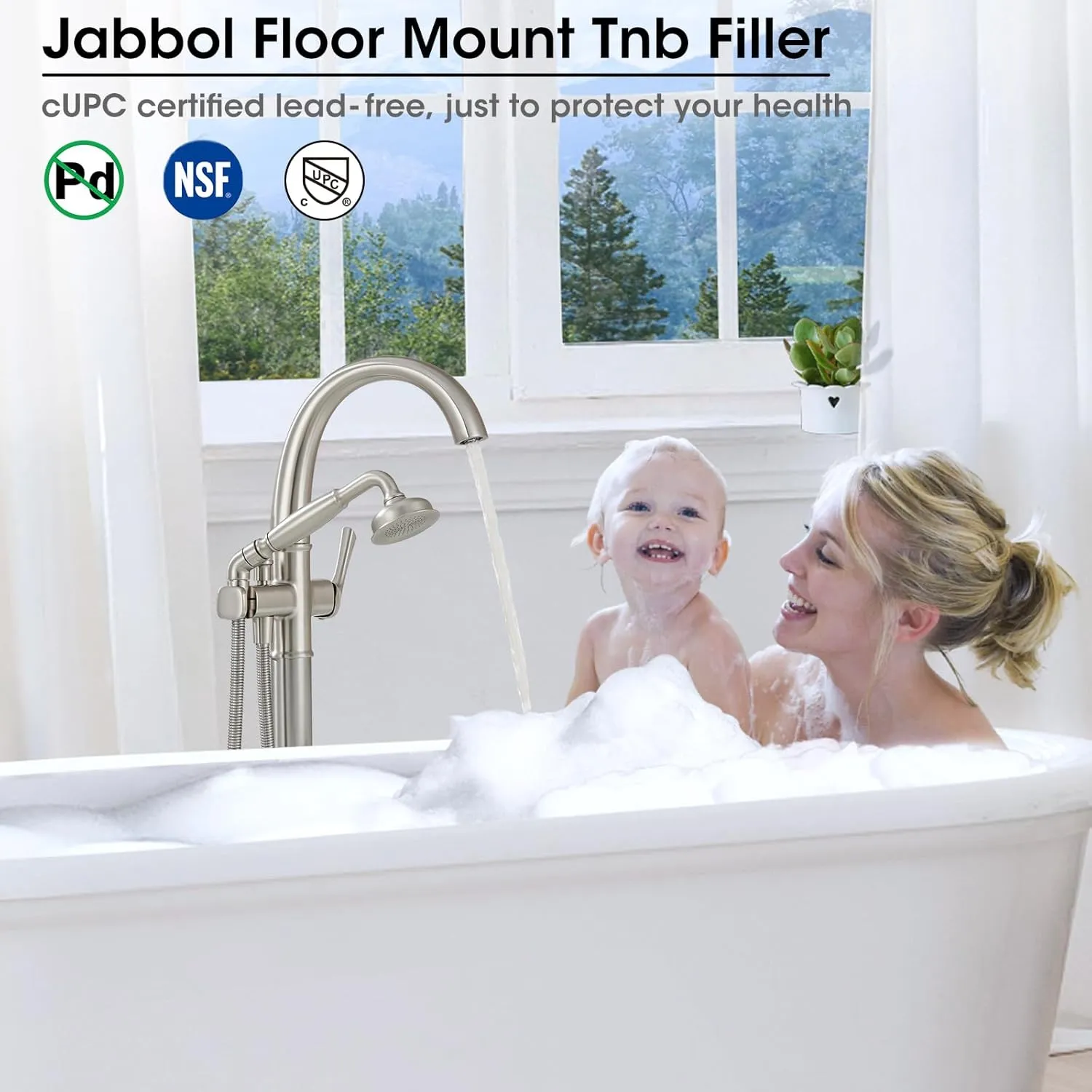 Free Standing Tub Faucet, Jabbol Premium Brass Luxury Freestanding Bathtub Faucet, Bathroom Floor Mount Tub Filler with Handheld Sprayer, Classic Roman Tub Faucets Brushed Nickel (JB-8811BN)