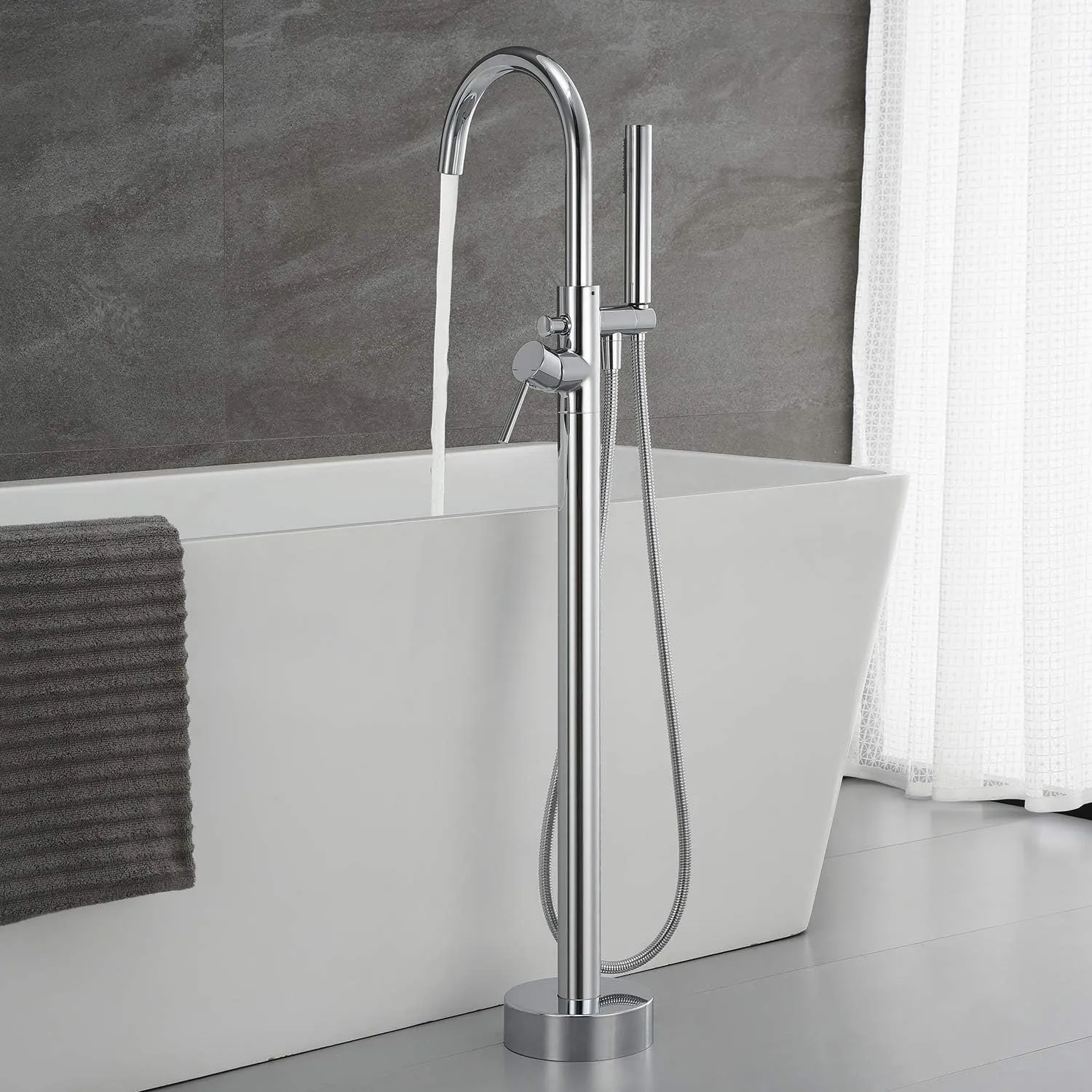 Freestanding Tub Filler Bathtub Faucet Chrome Single Handle Floor Mounted Faucets with Handheld Shower