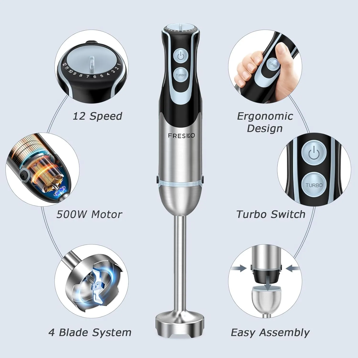 FRESKO Immersion Blender Handheld, 4-in-1 Stainless Steel Hand Stick Blender Electric with 12-Speeds & Turbo Mode, Powerful 500W Emulsion Blender with Beaker, Chopper & Whisk for Smoothies, Soup