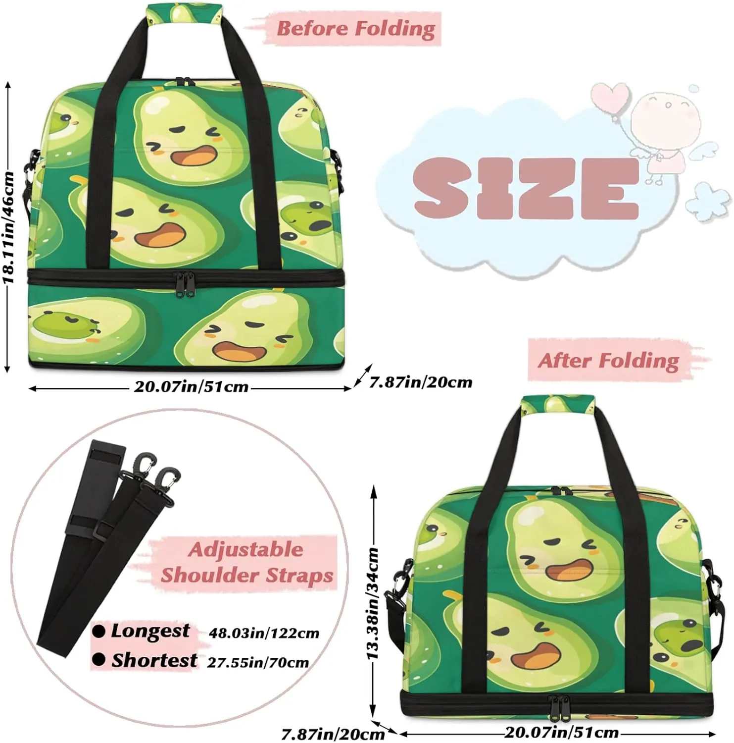 Fruit Avocado Cute Travel Duffel Bags for Women & Men Large Sports Gym Bags Foldie Weekender Overnight Bag Carry On Tote Bag With Shoe Compartment Personal Item Bag for Travel Sports Gym