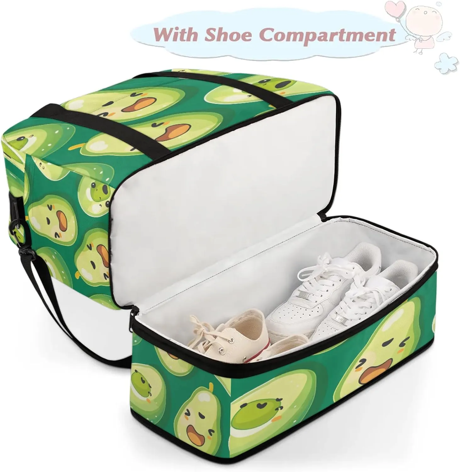 Fruit Avocado Cute Travel Duffel Bags for Women & Men Large Sports Gym Bags Foldie Weekender Overnight Bag Carry On Tote Bag With Shoe Compartment Personal Item Bag for Travel Sports Gym