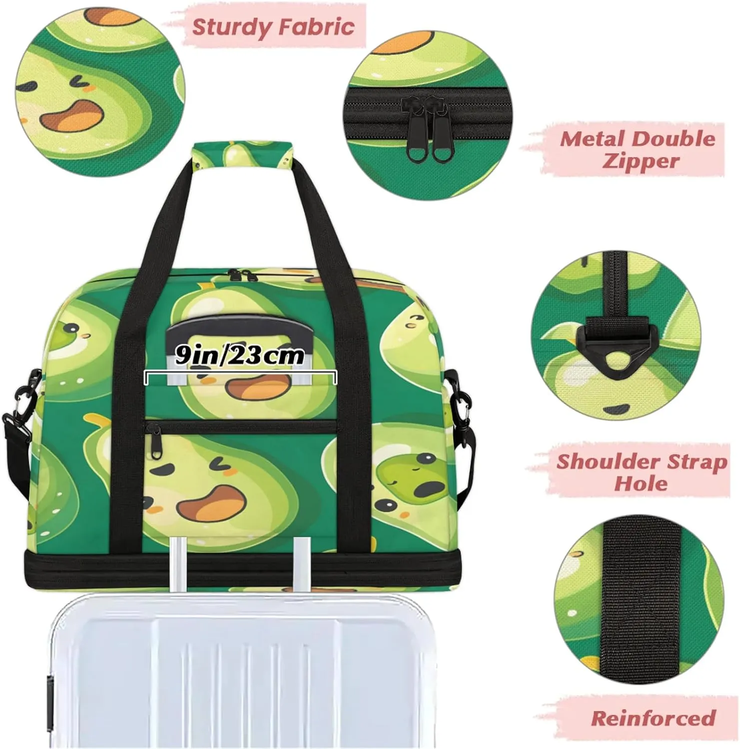 Fruit Avocado Cute Travel Duffel Bags for Women & Men Large Sports Gym Bags Foldie Weekender Overnight Bag Carry On Tote Bag With Shoe Compartment Personal Item Bag for Travel Sports Gym