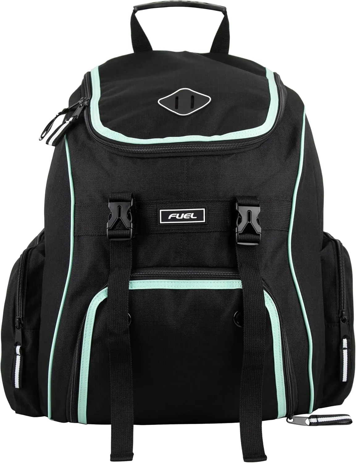 FUEL Oversized Wide Mouth Backpack with Multiple Compartments, Large Gym Yoga Bag Storage for Hiking, Work, Classroom, Travel - Mint Blue Trim