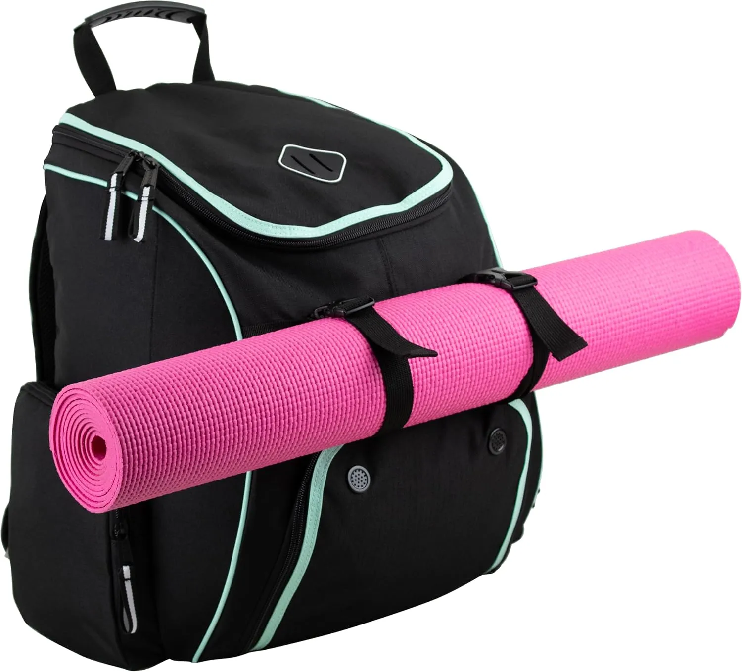 FUEL Oversized Wide Mouth Backpack with Multiple Compartments, Large Gym Yoga Bag Storage for Hiking, Work, Classroom, Travel - Mint Blue Trim