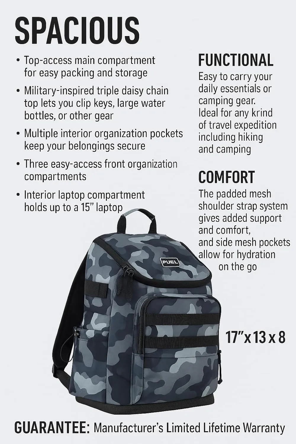 FUEL Travel Laptop Hiking Backpack Carry On Airline Approved Luggage Bag Carry On Large Backpack, Black Midnight Blue Camo