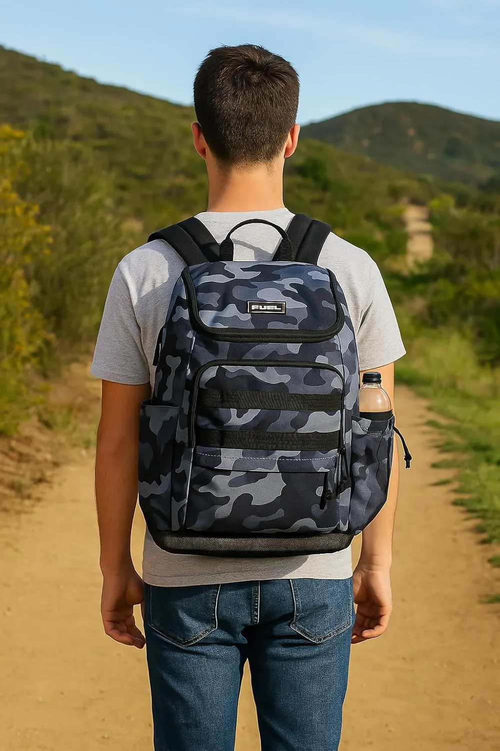FUEL Travel Laptop Hiking Backpack Carry On Airline Approved Luggage Bag Carry On Large Backpack, Black Midnight Blue Camo