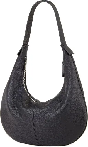 Full Grained Real Leather Hobo Bags for Women，Women's Crescent Handbag with Wide Shoulder Strap